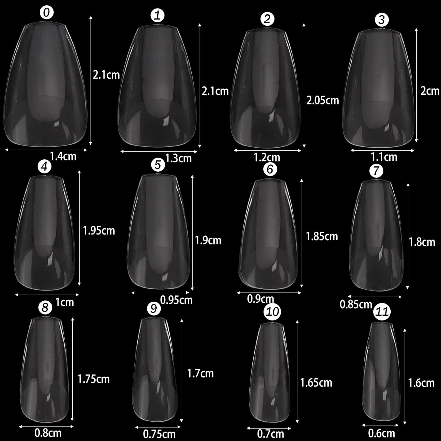 504 puntas de uñas postizas acrílicas transparentes de cobertura completa para arte de uñas, 12 tamaños (número 0-11)