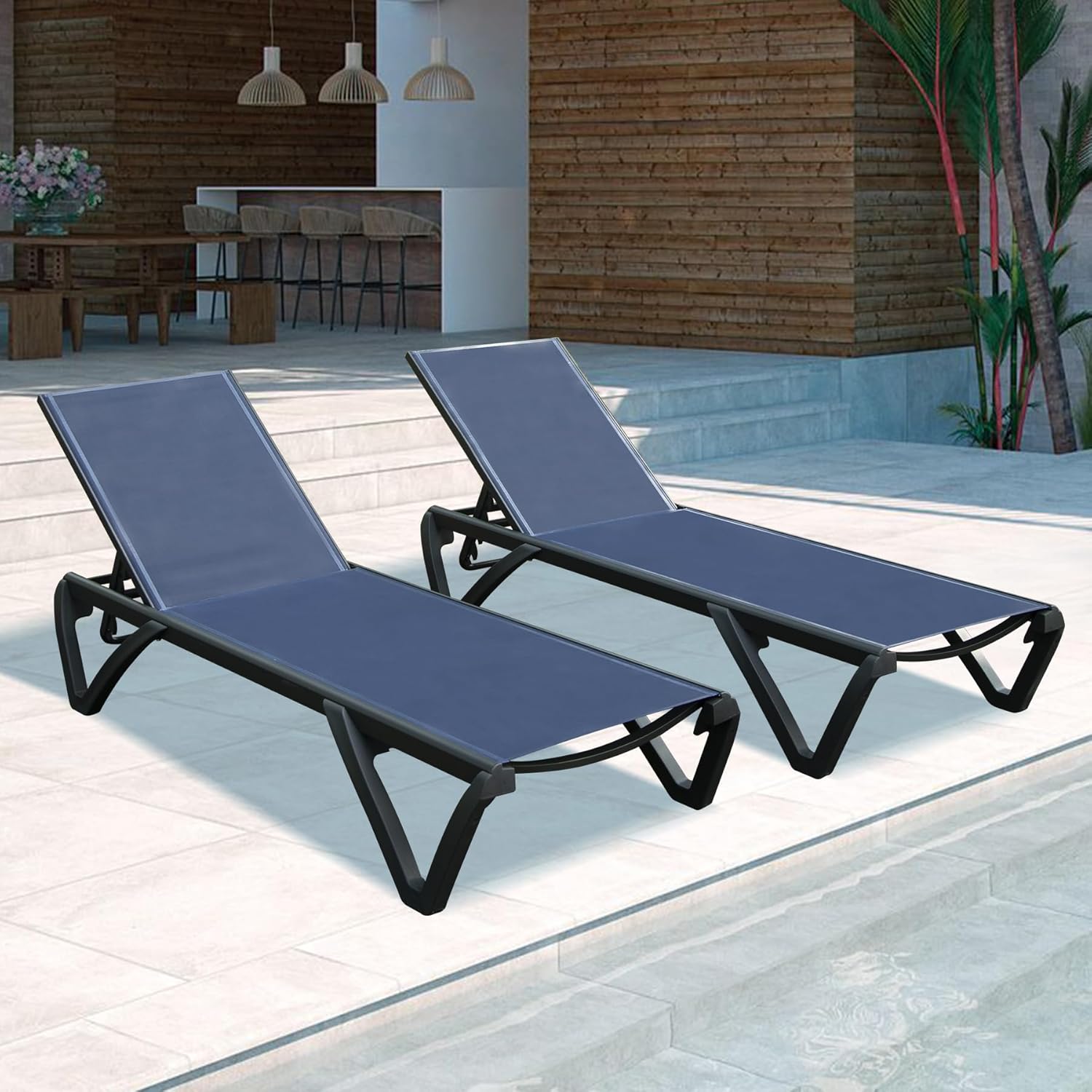 Domi – Juego de 2 sillas para patio, tumbonas de aluminio con respaldo y ruedas ajustables en 5 posiciones, sillas de salón al aire libre para