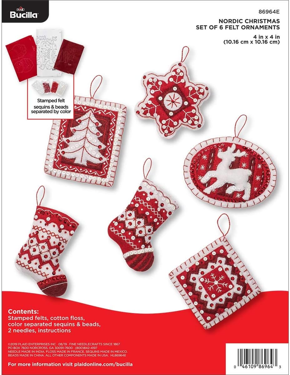 Bucilla 86964E Fieltro Applique 6 Pc. Kit de ornamento, 4″ x 4″, Navidad nórdica, rojo y blanco