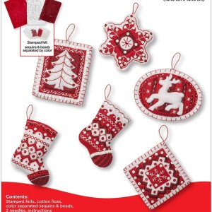 Bucilla 86964E Fieltro Applique 6 Pc. Kit de ornamento, 4″ x 4″, Navidad nórdica, rojo y blanco Bucilla 86964E Fieltro Applique 6 Pc. Kit de ornamento, 4″ x 4″, Navidad nórdica, rojo y blanco
