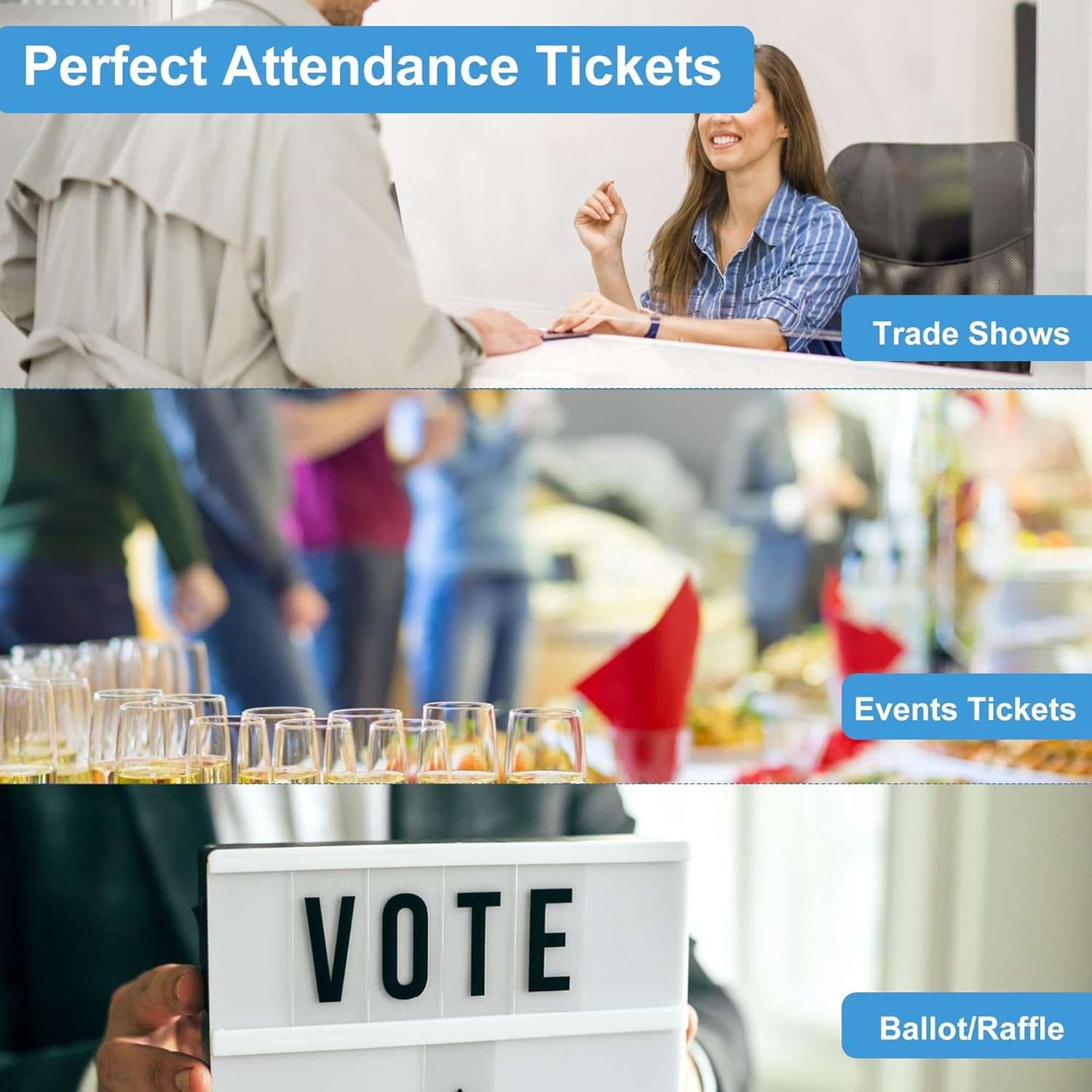 L LIKED 2000 boletos azules para rifas con perforaciones y números consecutivos, rollo de boleto único para eventos, carnavales, premios de puerta y