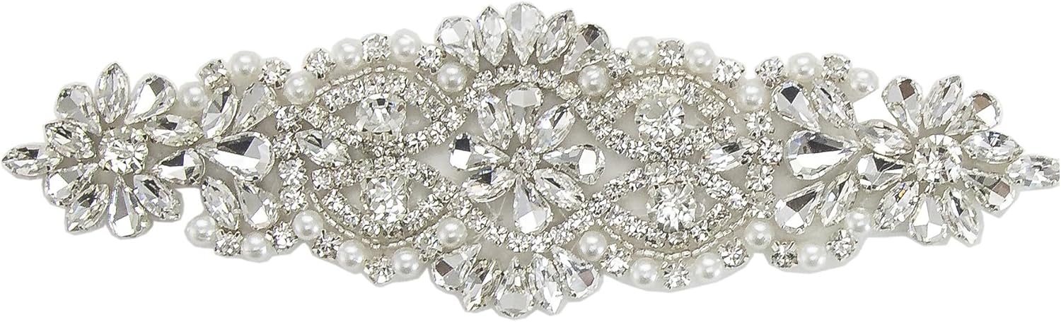 ModaTrims Apliques de diamantes de imitación de cristal de fijación en caliente o coser con perlas de plata (cristales de plata, perlas plateadas, 7