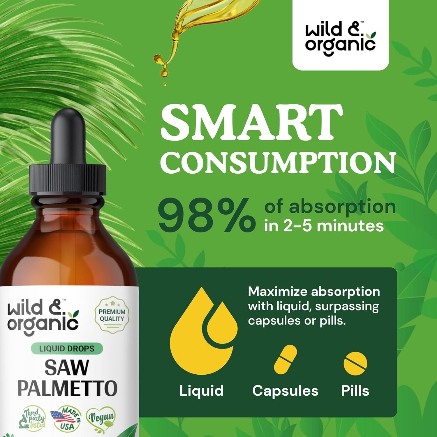 Suplemento de extracto líquido de Saw Palmetto para hombres y mujeres, tintura orgánica de palma enana americana, vegana, gotas sin alcohol, 4 onzas
