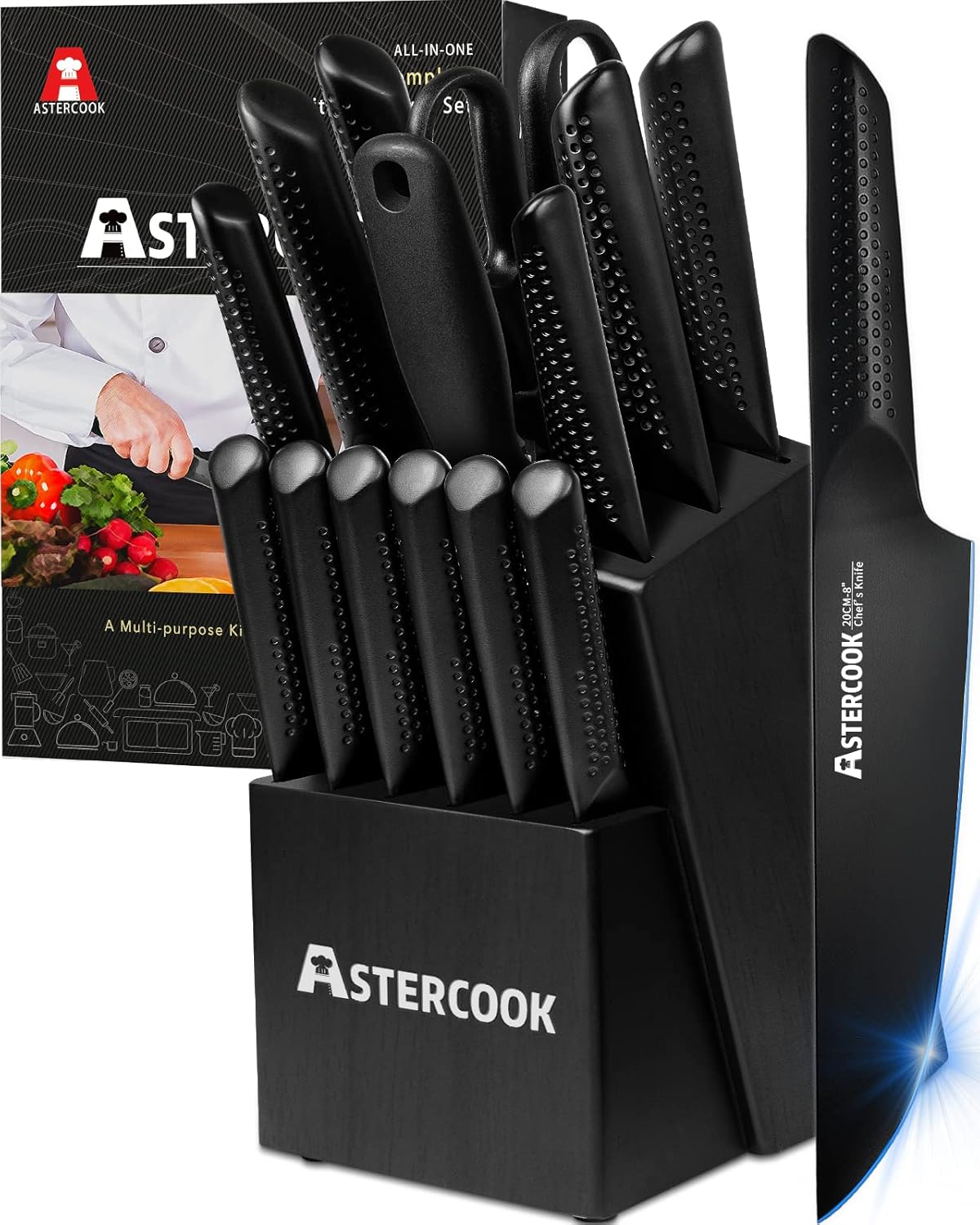 Astercook Juego de cuchillos de cocina, juego de cuchillos de chef de 15 piezas con bloque, mango de acero inoxidable alemán, diseño de una sola