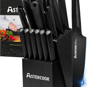Astercook Juego de cuchillos de cocina, juego de cuchillos de chef de 15 piezas con bloque, mango de acero inoxidable alemán, diseño de una sola Astercook Juego de cuchillos de cocina, juego de cuchillos de chef de 15 piezas con bloque, mango de acero inoxidable alemán, diseño de una sola