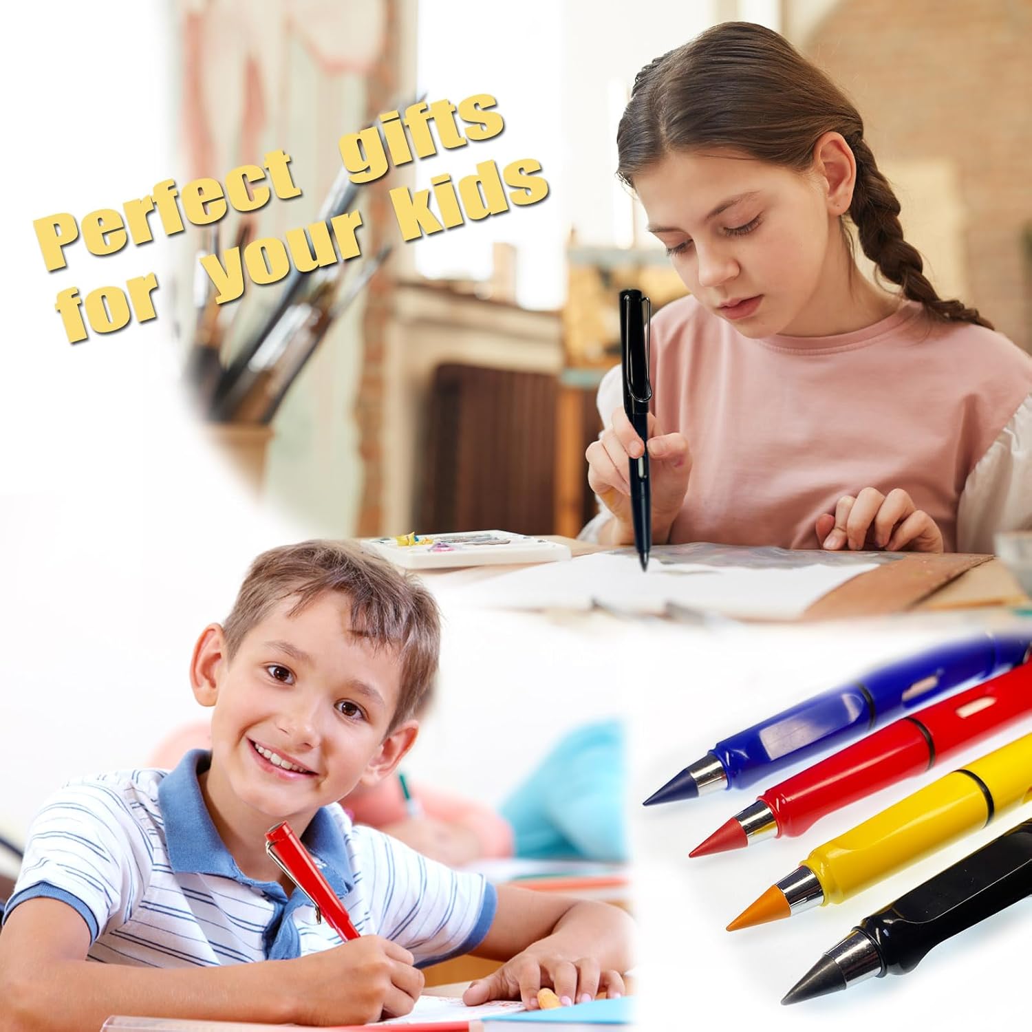 Lápiz Forever de 6 colores con borrado, lápiz infinito de larga duración que nunca necesita afilado, colorido lápiz infinito con 6 piezas de plomo