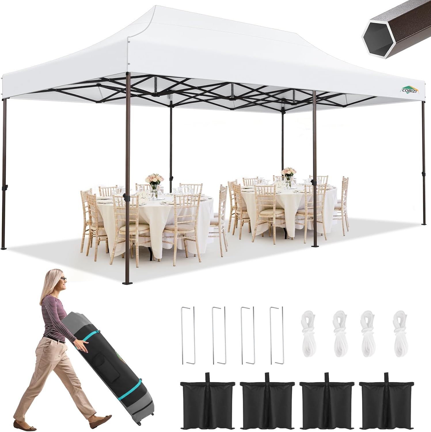 COBIZI Toldo desplegable de 10 x 20 pulgadas sin pared lateral, toldo comercial resistente al aire libre, tiendas de campaña para fiestas con bolsa