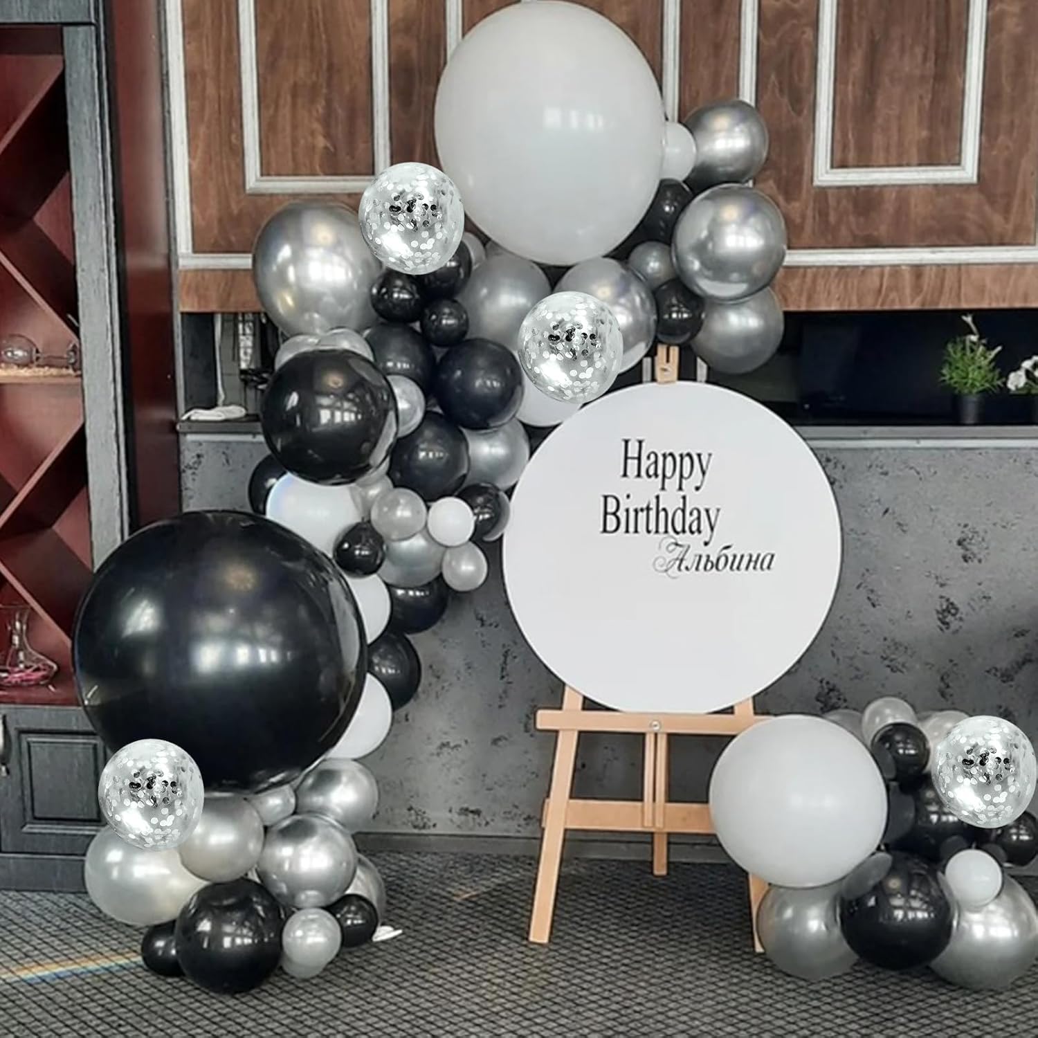 Globos negros y plateados, 60 paquetes de globos plateados metálicos cromados de 12 pulgadas y globos de confeti, globos negros y blancos plateados