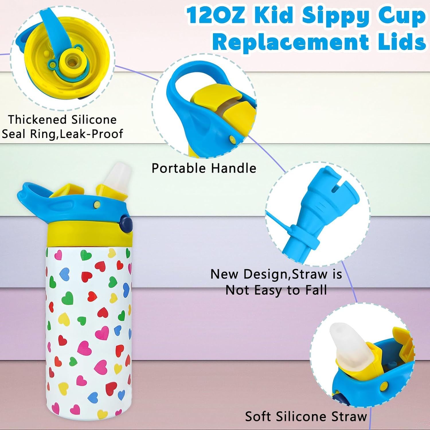 12oz Replacement Lid with 2 Straw for Kid Tumbler,1 PACK Leak-Proof and Spill-Proof Straw Lids for ZONEGRACE Mocaru,BPA Free,2.67IN-Blue
