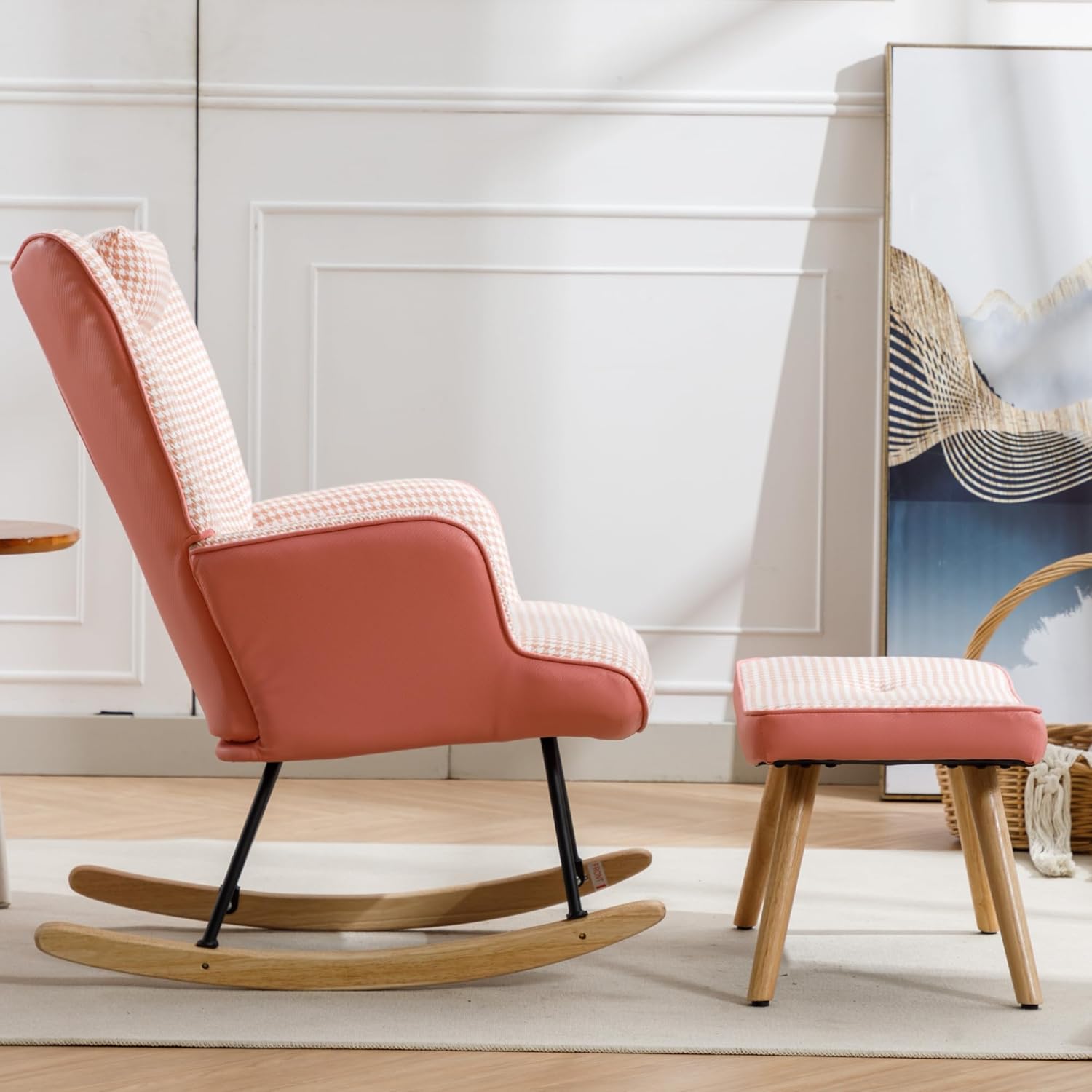 Mecedora para guardería con reposapiés, moderna mecedora con almohada suave, mecedora de pata de gallo interior con base de madera maciza para