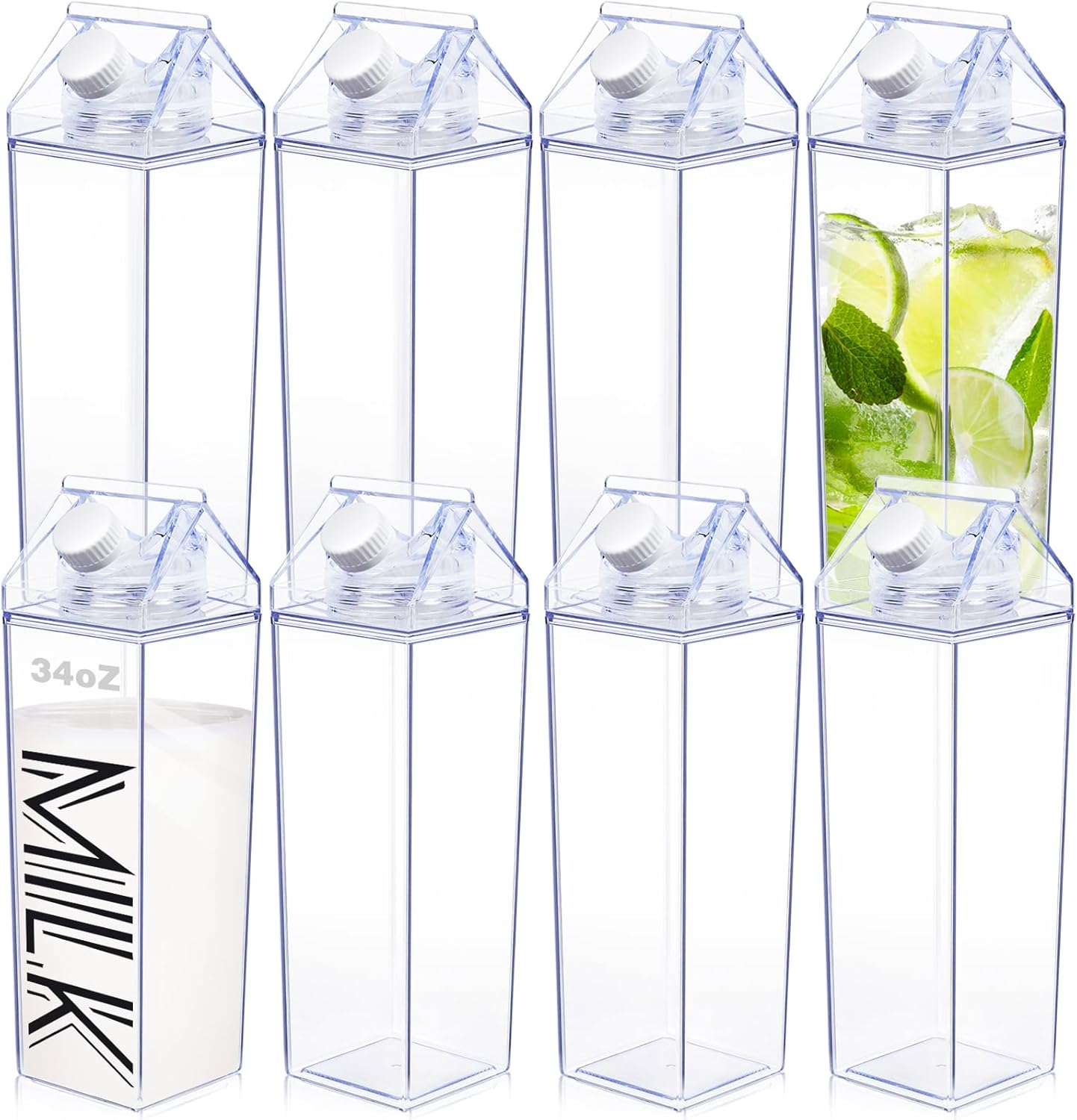 KALYLOC 8 botellas de agua de cartón de leche, botellas de leche cuadradas de plástico transparente de 34 onzas, contenedor de agua portátil