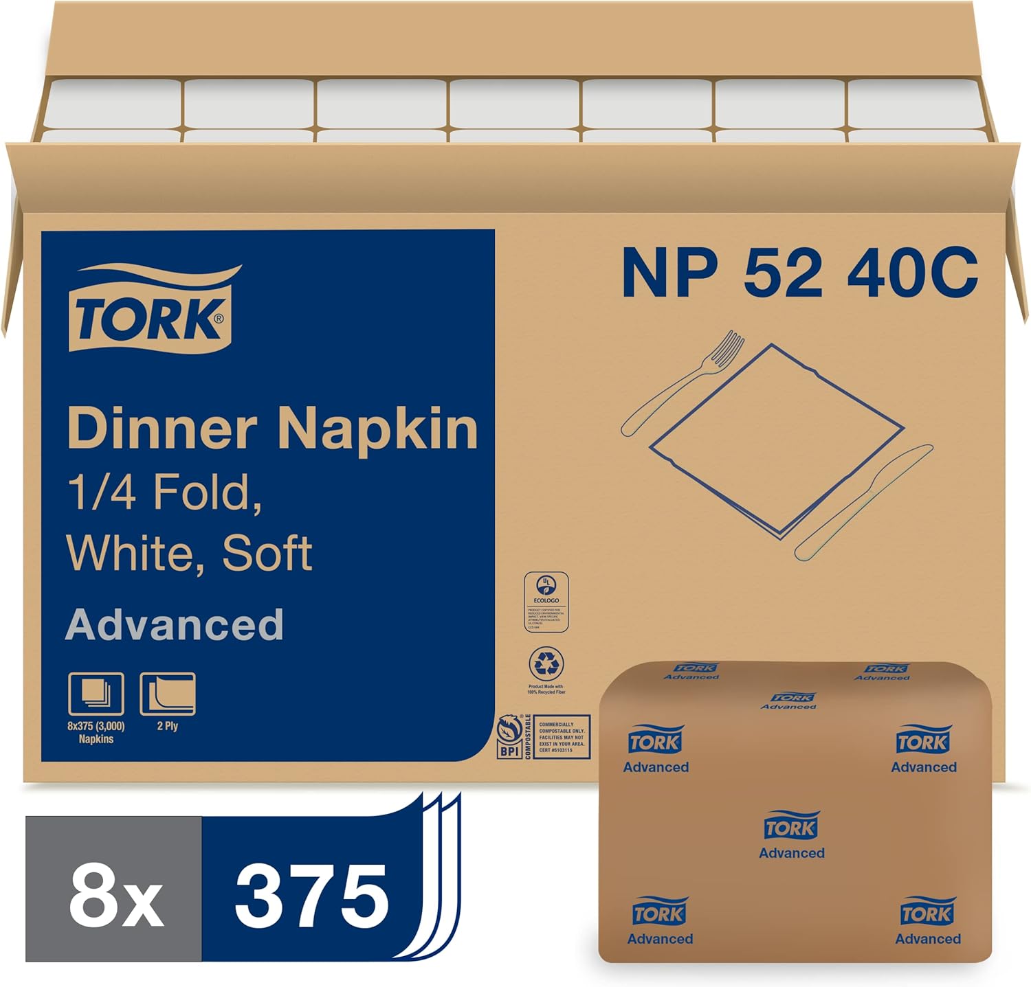 Tork Advanced NP5240C Servilletas suaves, plegadas en 14, diseño de hojas en relieve, 2 capas, 15 pulgadas de ancho x 16.25 pulgadas, color blanco