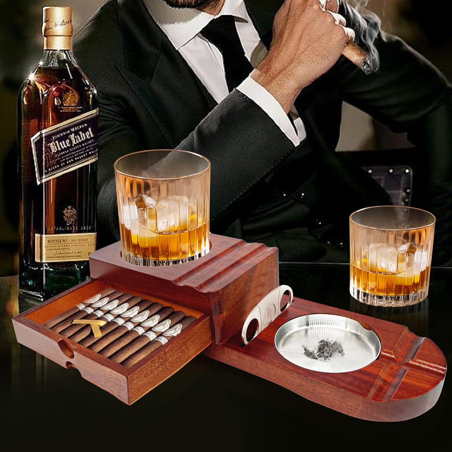 Cenicero de cigarros, bandeja de vidrio para whisky y bandeja de ceniza de madera con cortador de puros, incluye cajón y ranura para sostener puros,