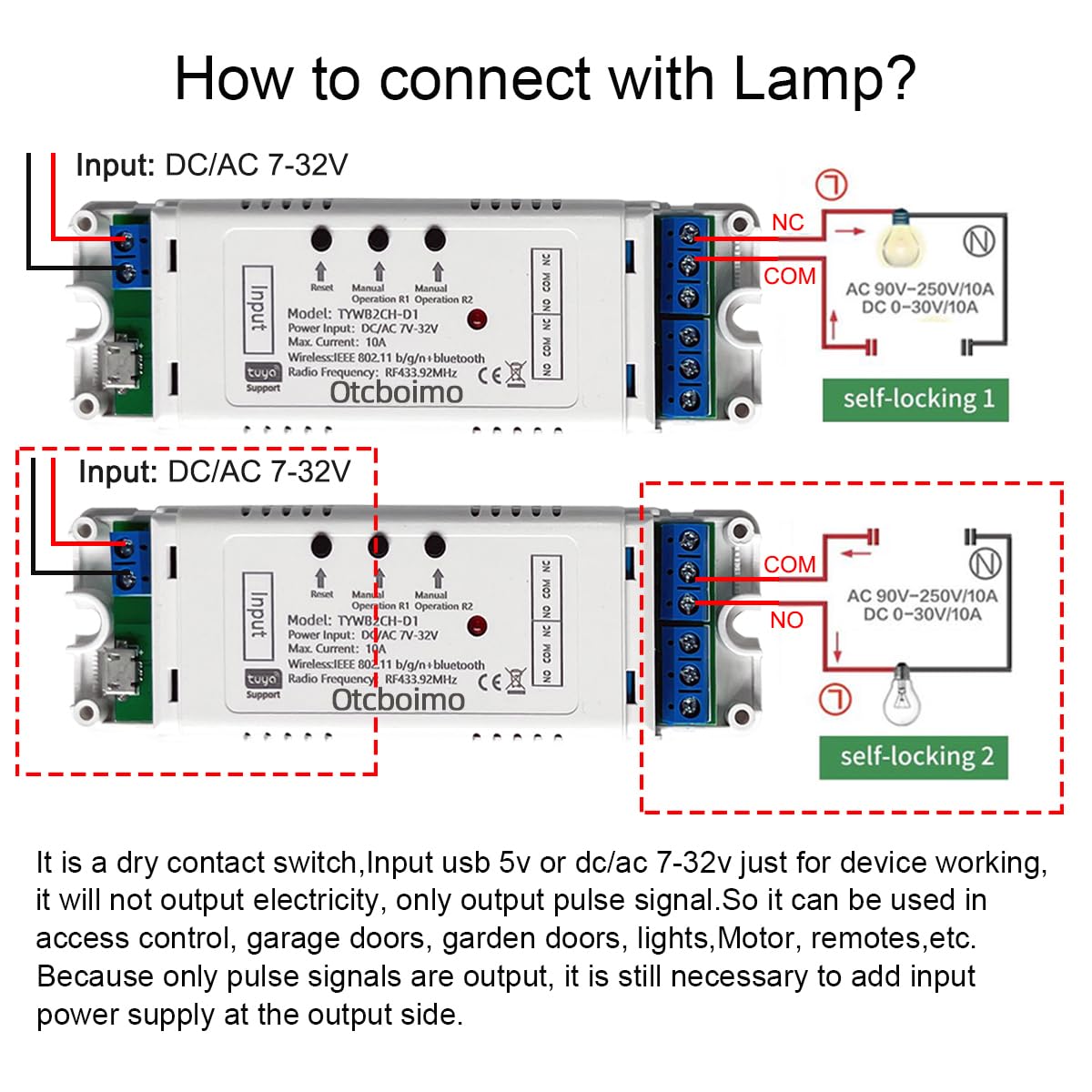 Tuya – Módulo de interruptor de relé inalámbrico WiFi inteligente, 2 canales ACDC 7-32VUSB 5V Smart Life, control remoto, contacto seco, interruptor