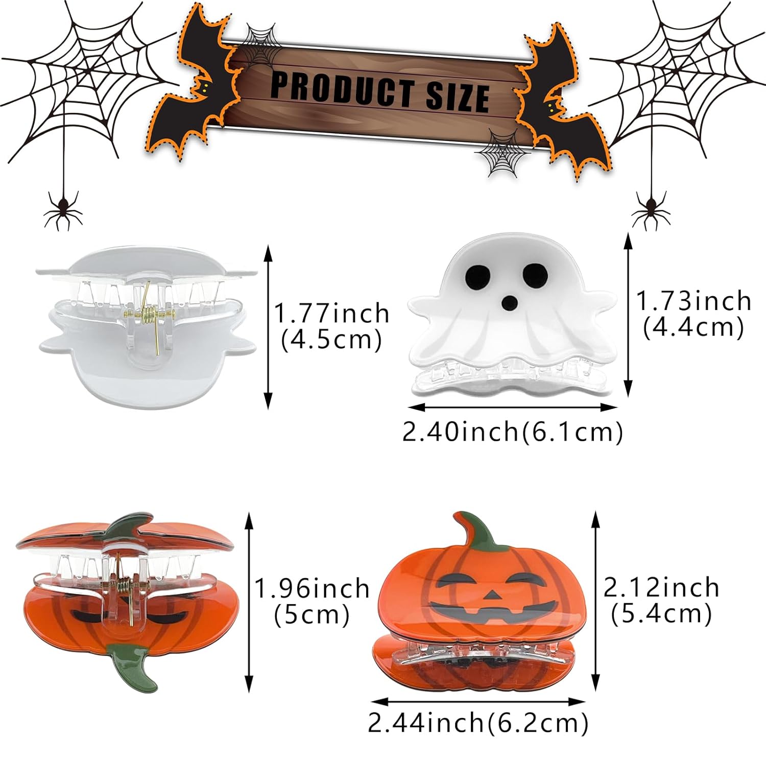 Paquete de 2 pinzas para el cabello de calabaza y fantasma, pinzas para el cabello de Halloween, pinzas de mandíbula para el cabello de Halloween,