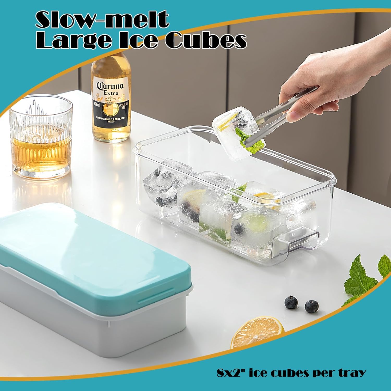Bandeja para cubitos de hielo con tapa y contenedor para congelador, súper fácil de liberar y apilable, bandejas grandes de cubitos de hielo de 8