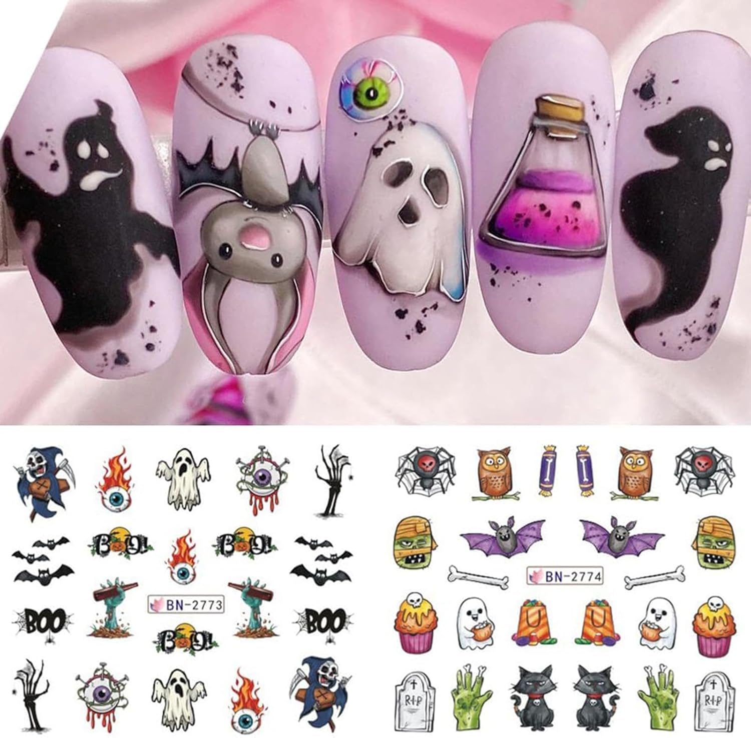 Calcomanías de arte de uñas de Halloween, 12 hojas de calcomanías de transferencia de agua para Halloween, calabaza, fantasma, araña, bruja,