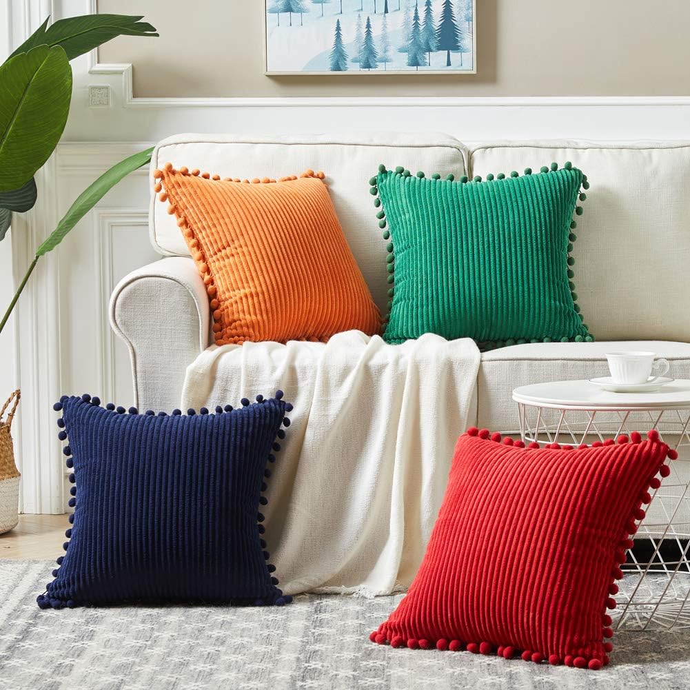 Fancy Homi Juego de fundas de almohada decorativas de pana suave con pompones, fundas de cojín cuadradas sólidas para sofá, dormitorio, automóvil,
