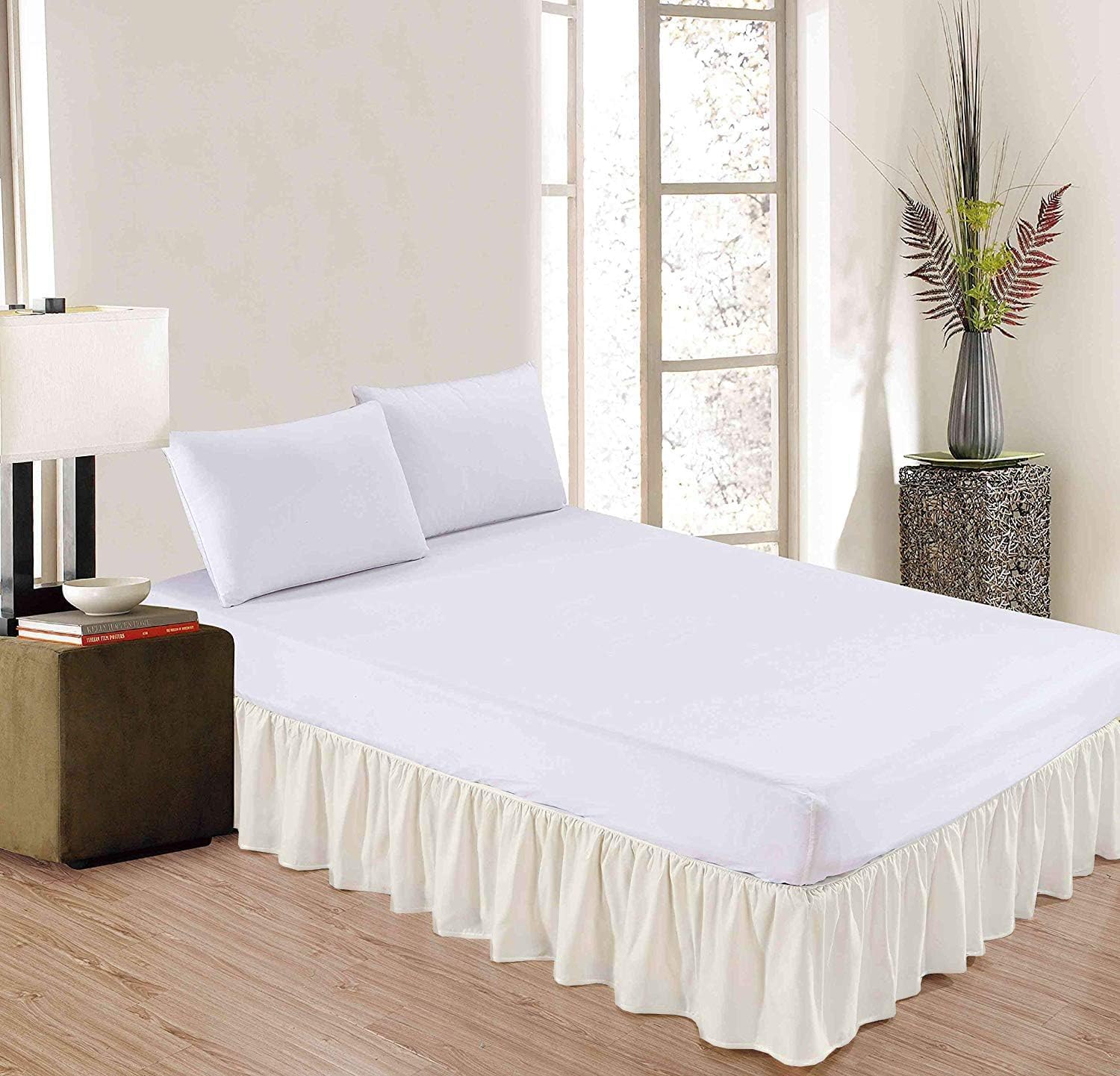 Sleepwell Falda de cama con volantes color marfil sólido, tamaño Queen de 12 pulgadas, esquina dividida de caída, 100% algodón egipcio puro de 400