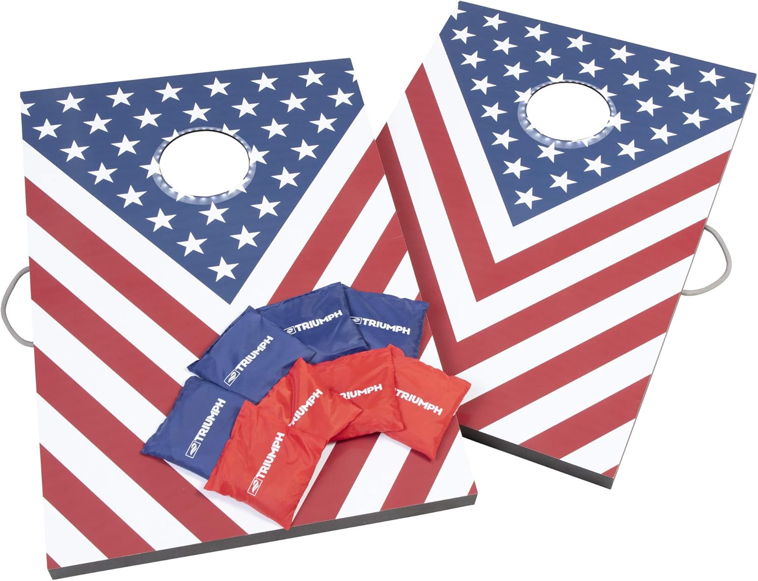 Juegos prémium de 2 x 3 para jugar al cornhole, opciones LED disponibles, 8 bolsas de granos para lanzar y también incluye los tableros de cornhole