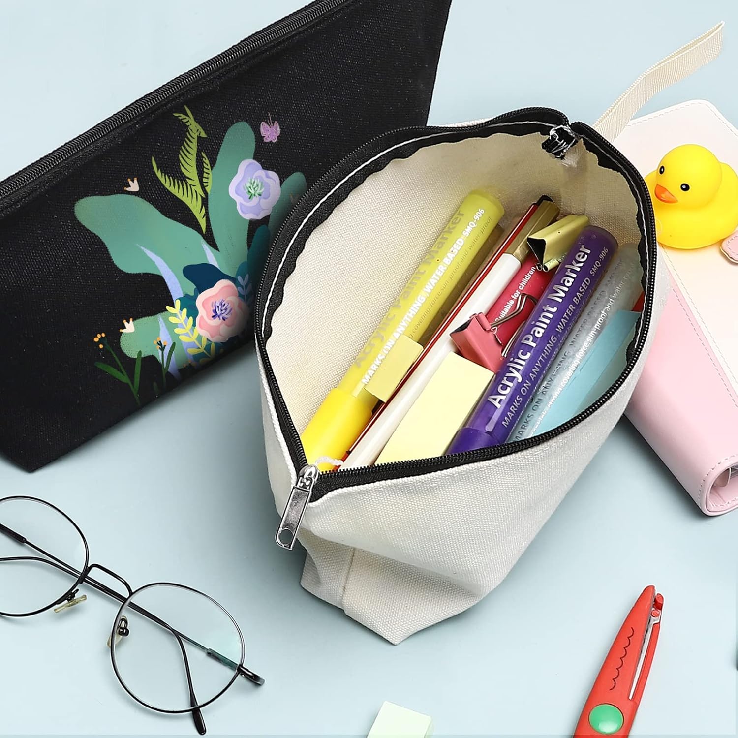 10 bolsas de maquillaje de lona de algodón con parte inferior y correa, bolsa de cosméticos multiusos con cremallera, bolsa de aseo de viaje, bolsa