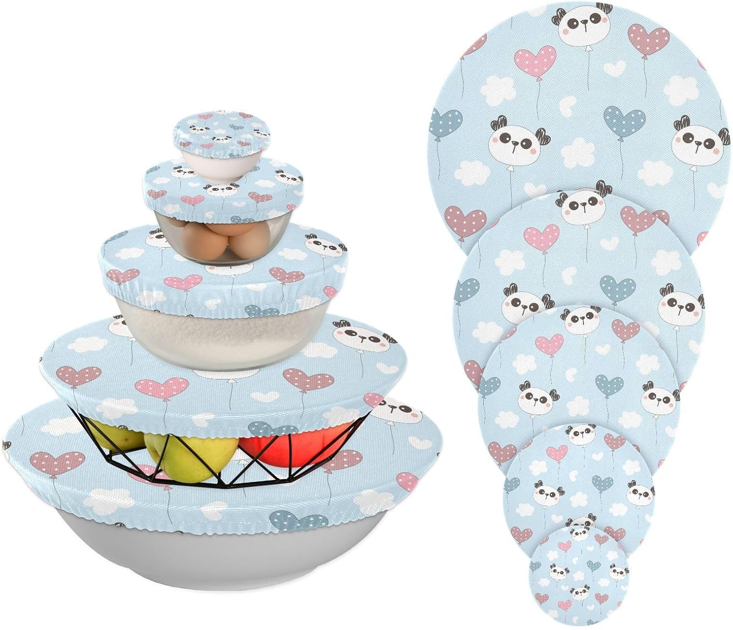 Pandas Hearts – 5 fundas elásticas reutilizables para tazones para almacenamiento de alimentos, tapas de tela elástica con 5 tamaños diferentes,