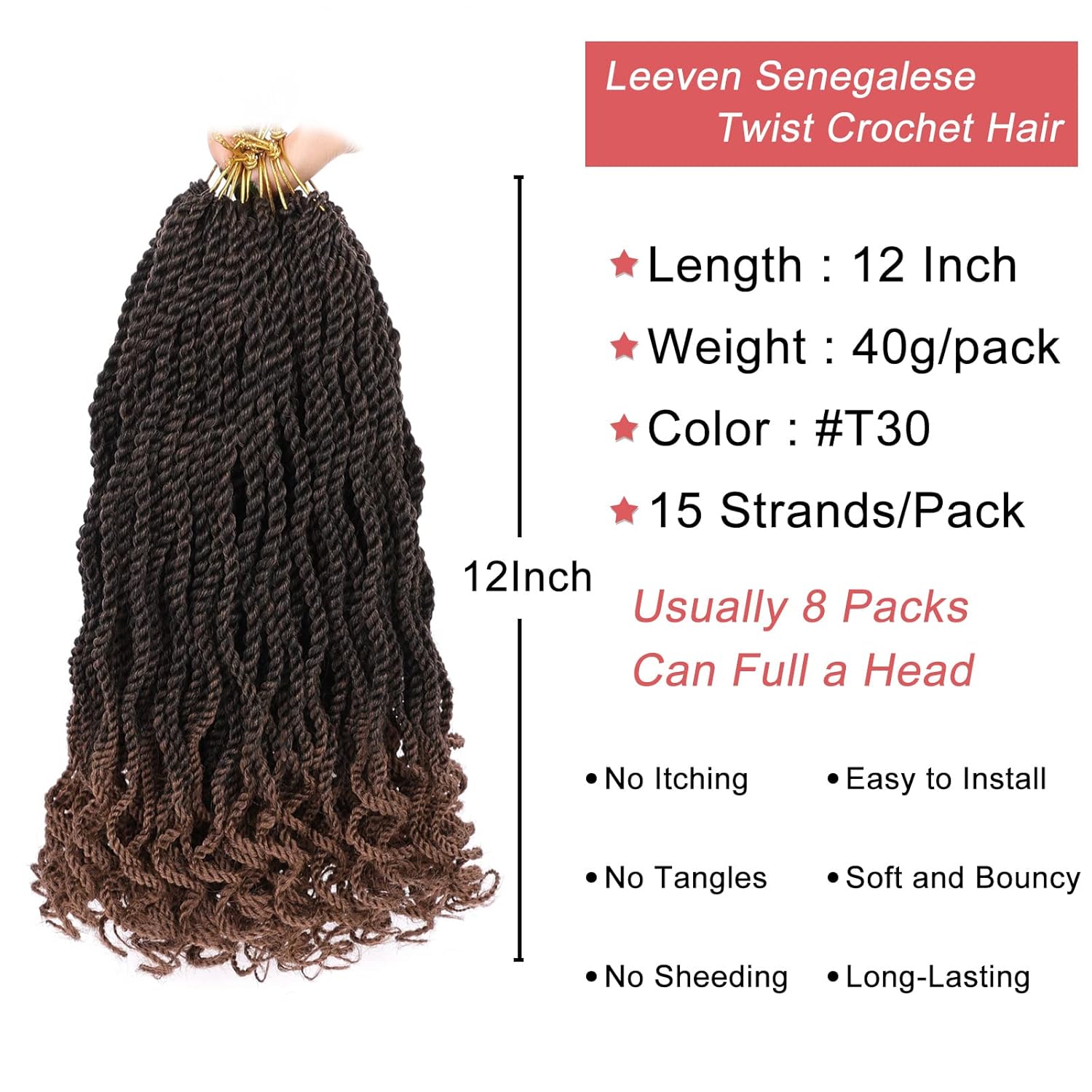 Leeven Pelo de ganchillo senegalés ondulado de 12 pulgadas, 8 paquetes de trenzas de ganchillo cortas color marrón degradado, trenzas de ganchillo