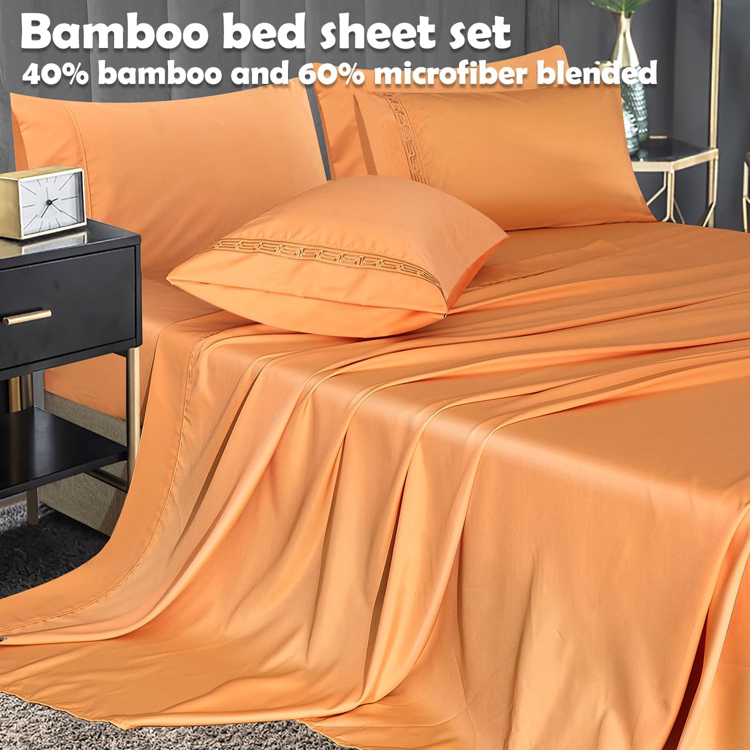 MCO Bedding King Bed Sheets Set – Bamboo Polyester Blended Sheets – Cooling Breathable Bedding Set with 16″ Deep Pocket (6 Pieces, King, Buff Orange)