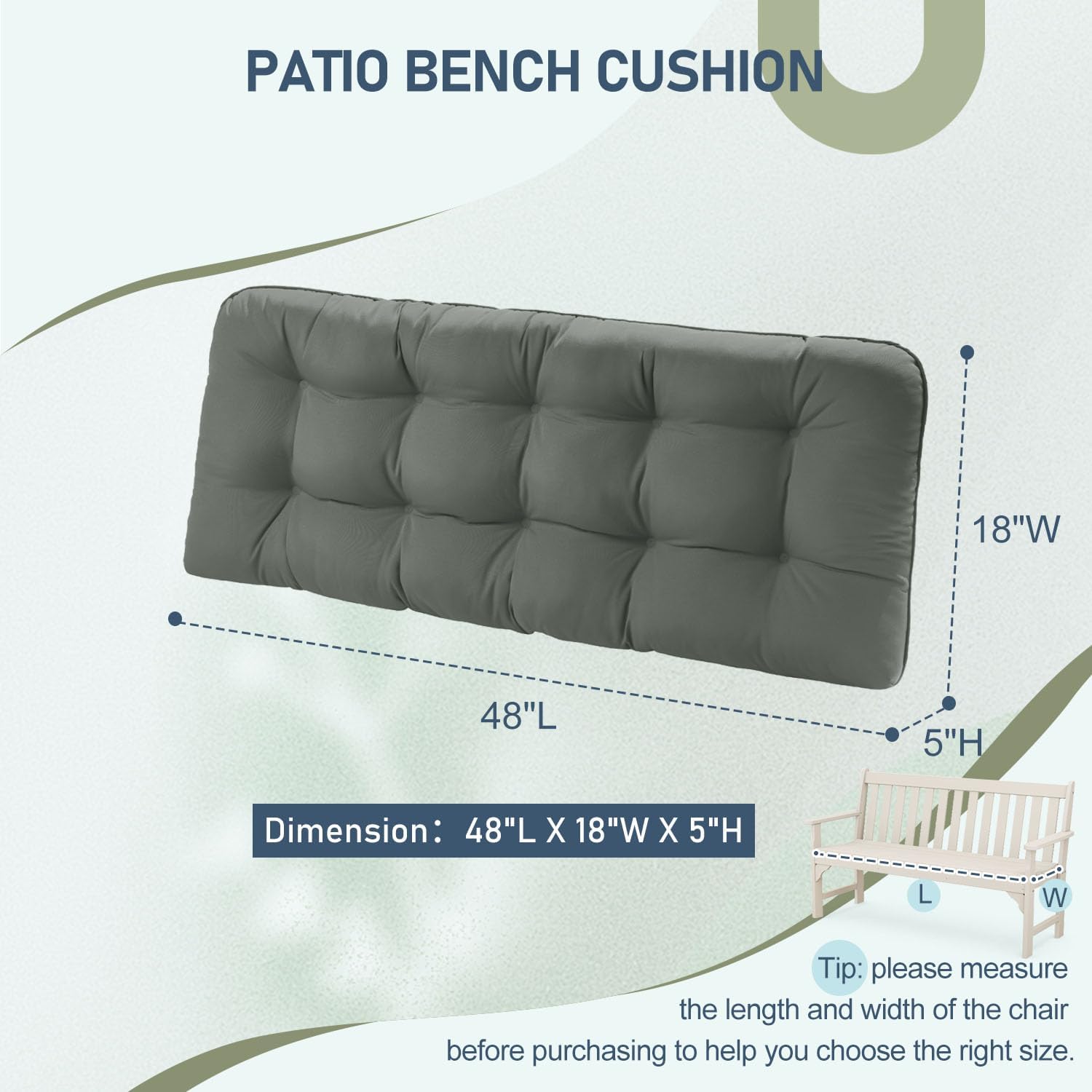 downluxe Cojines para sillas de exteriores, cojín de banco de espuma viscoelástica en forma de U impermeable para columpio, sofá biplaza o patio, 48