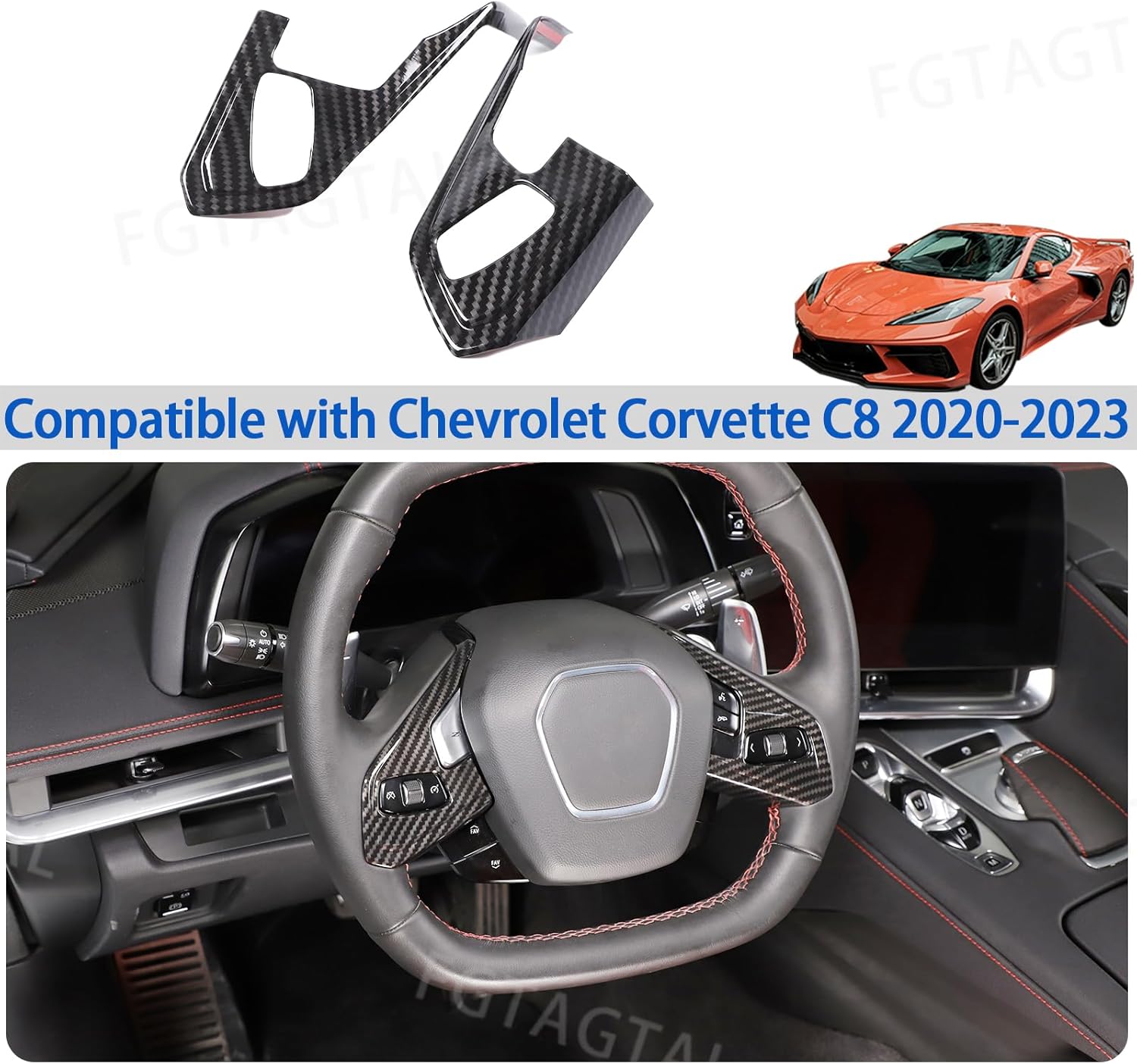Cubierta de marco de botón de volante para Chevrolet Corvette C8 2020-2023, ABS panel de protección para volante de automóvil, 2 piezas (patrón de