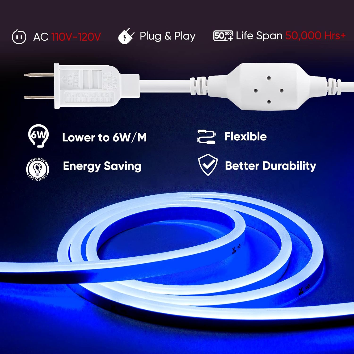 Shine Decor Tira de luces LED de neón conectables, 16.4 pies, flexible, CA, 110 V, 120 V, tira de luces LED de neón (color azul) al aire libre,