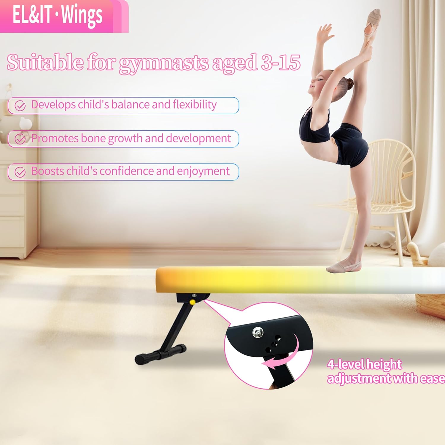 EL&ITWings Haz de equilibrio de gimnasia de 8 pies, haz de piso ajustable de nivel alto y bajo, altamente estable, equipo de entrenamiento de
