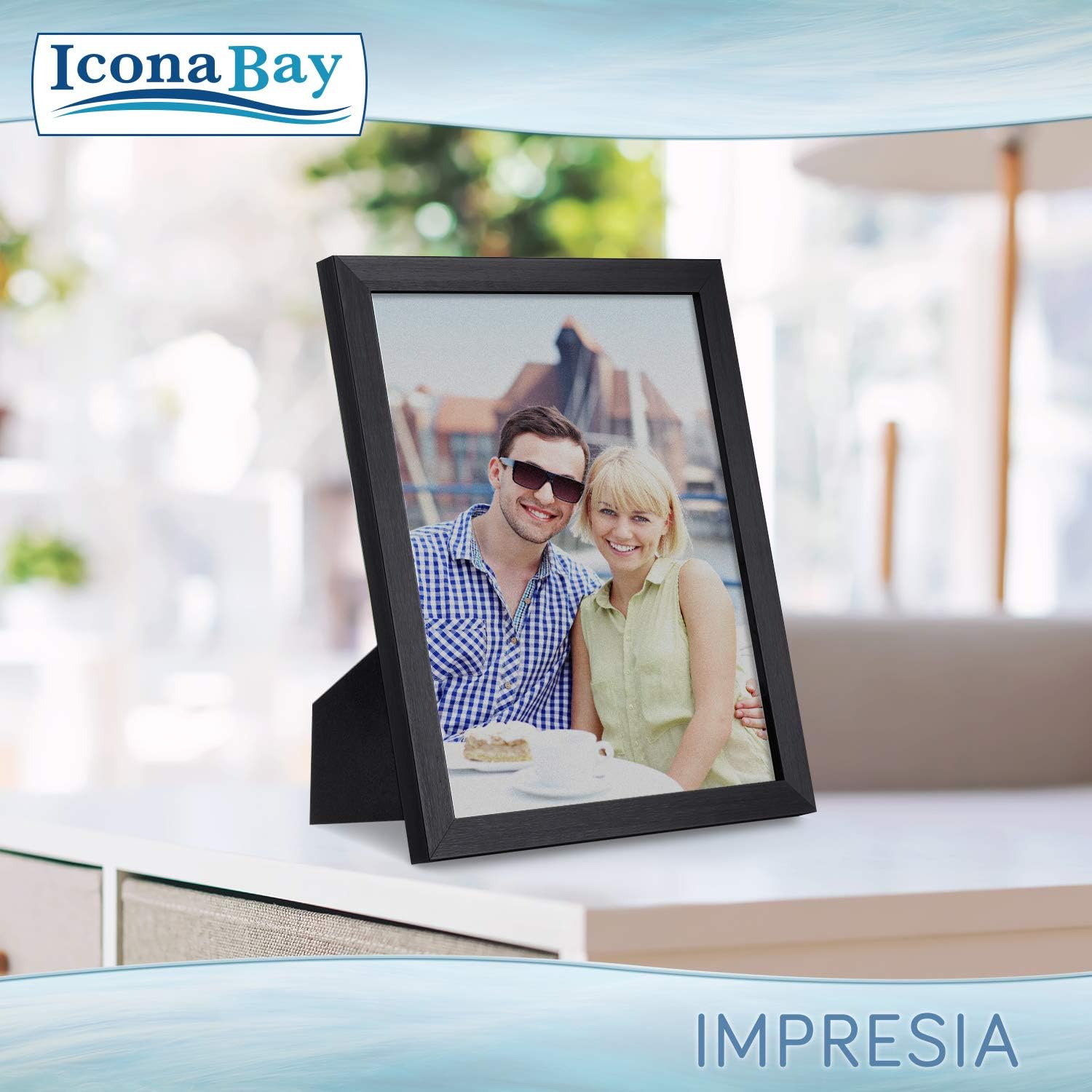 Icona Bay Impresia Collection – Marco de fotos negro de 8 x 10 pulgadas, diseño moderno y simple, soporte de mesa y ganchos para colgar en la pared
