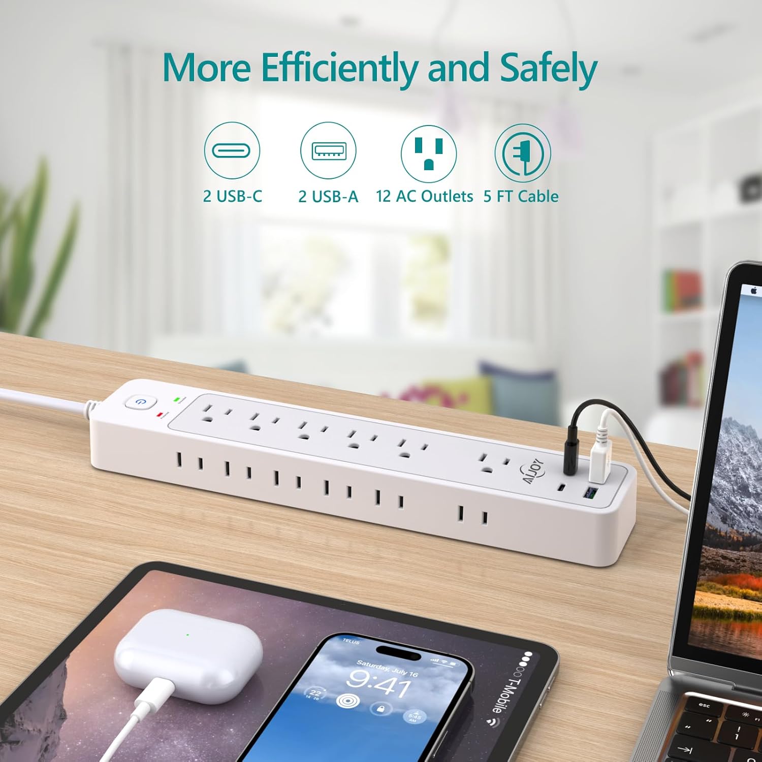 Paquete de 2 regletas de protección contra sobretensiones con 4 puertos USB (2 USB-C), 12 salidas de CA, protección contra sobretensiones de 1500J,