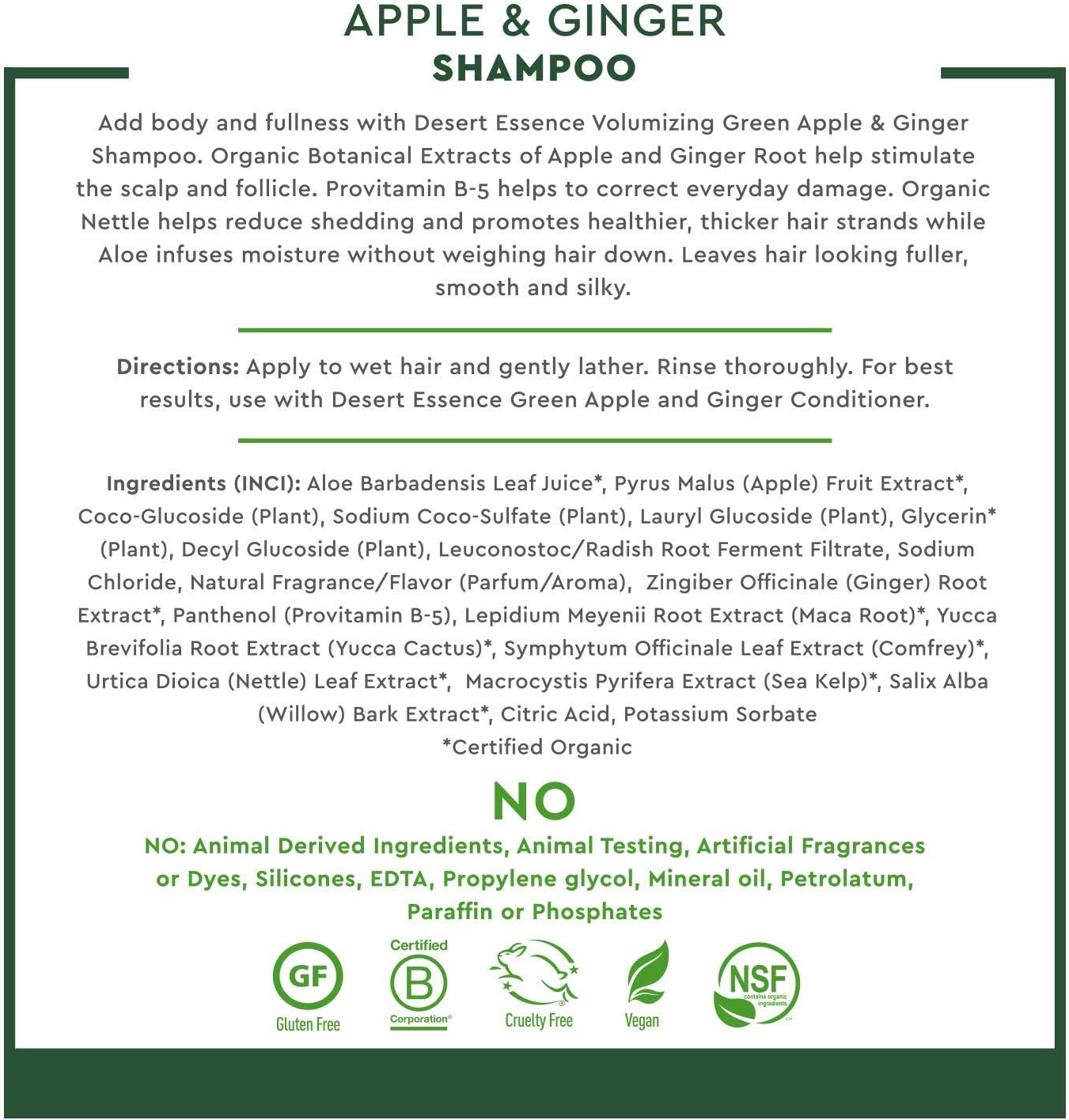 Desert Essence Green Apple & Ginger Champú y acondicionador  8 onzas líquidas  Volumen para cabello fino  Natural  Hidratante profundo