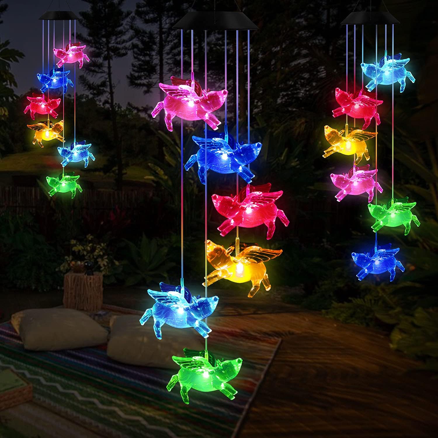 Campanillas de viento de cerdos moscados, campanillas de viento de cerdos que cambian de color, luces solares impermeables de cerdos voladores,