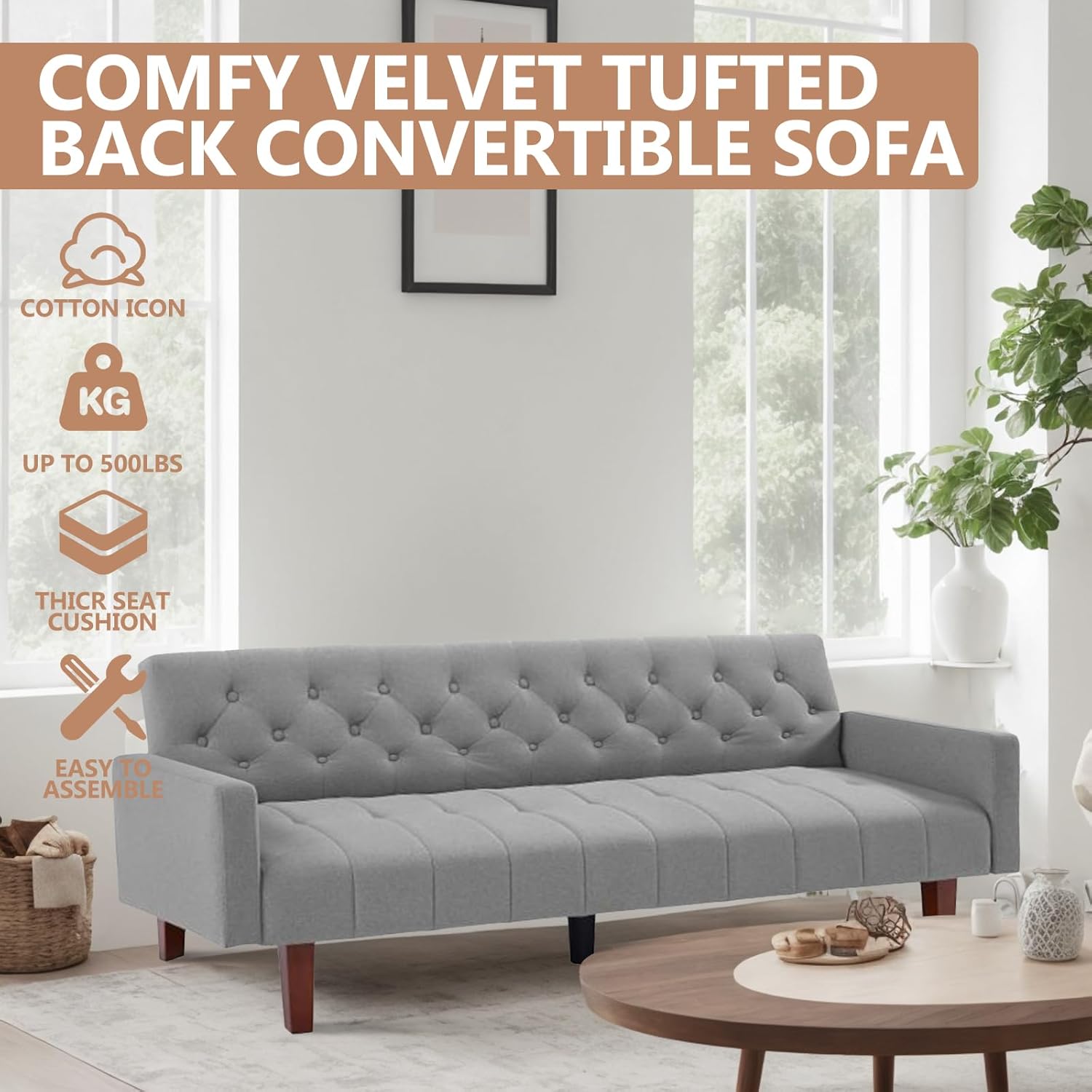 Sofá cama convertible de mediados de siglo con respaldo copetudo gris con patas de madera cónicas para sala de estar, apartamento, sala de estar