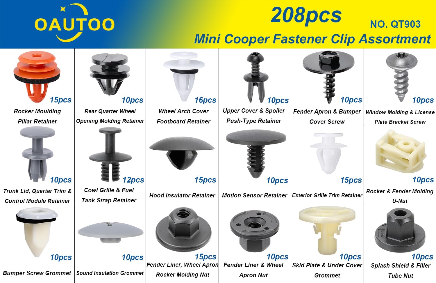 OAUTOO 208pcs para Mini Cooper Auto Cuerpo Interior y Exterior Retenedor Clip Clip Surtido