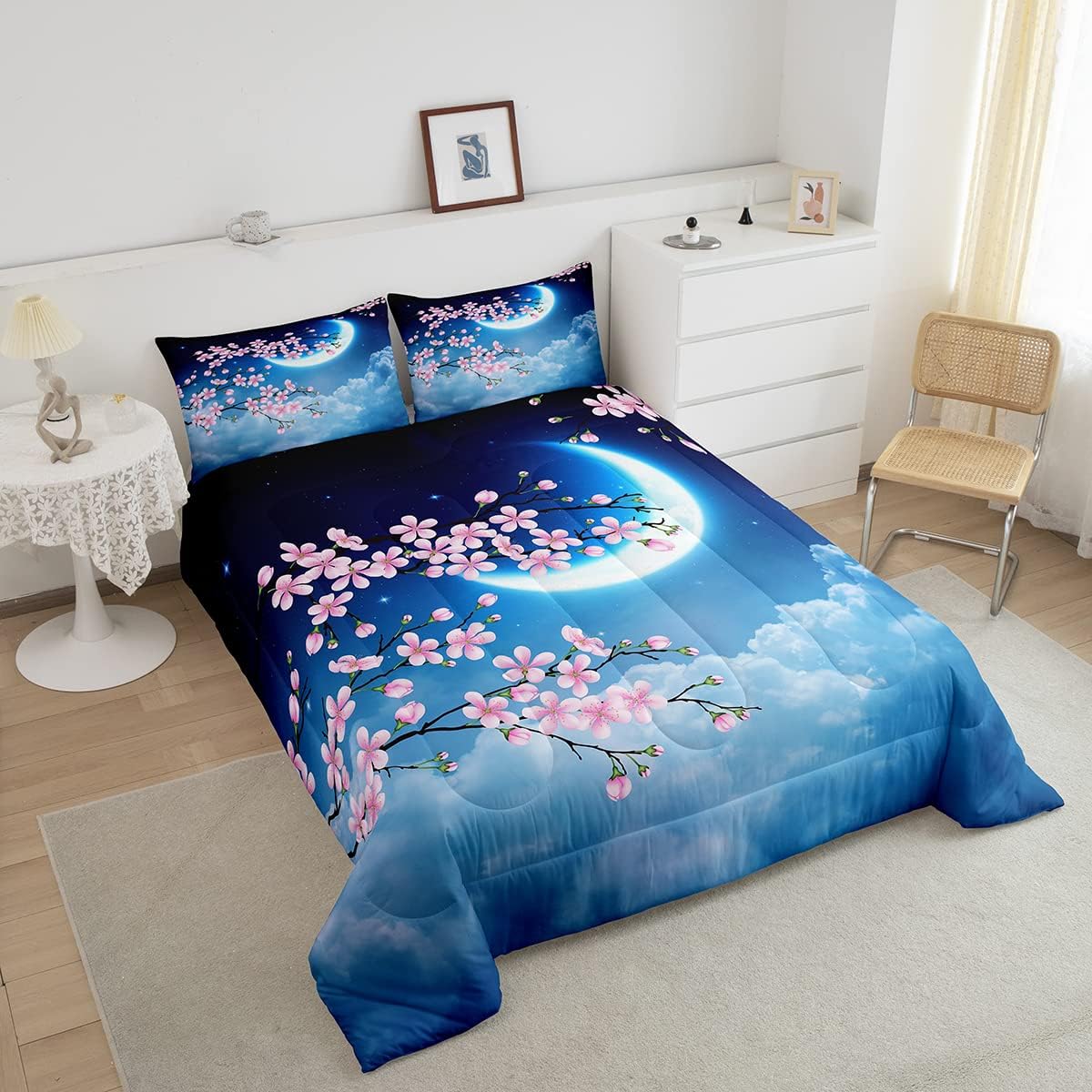 Castle Fairy Juego de edredón de flores rosadas, tamaño matrimonial, con estrellas, luna, cielo nocturno, galaxia, para niñas, mujeres, decoración