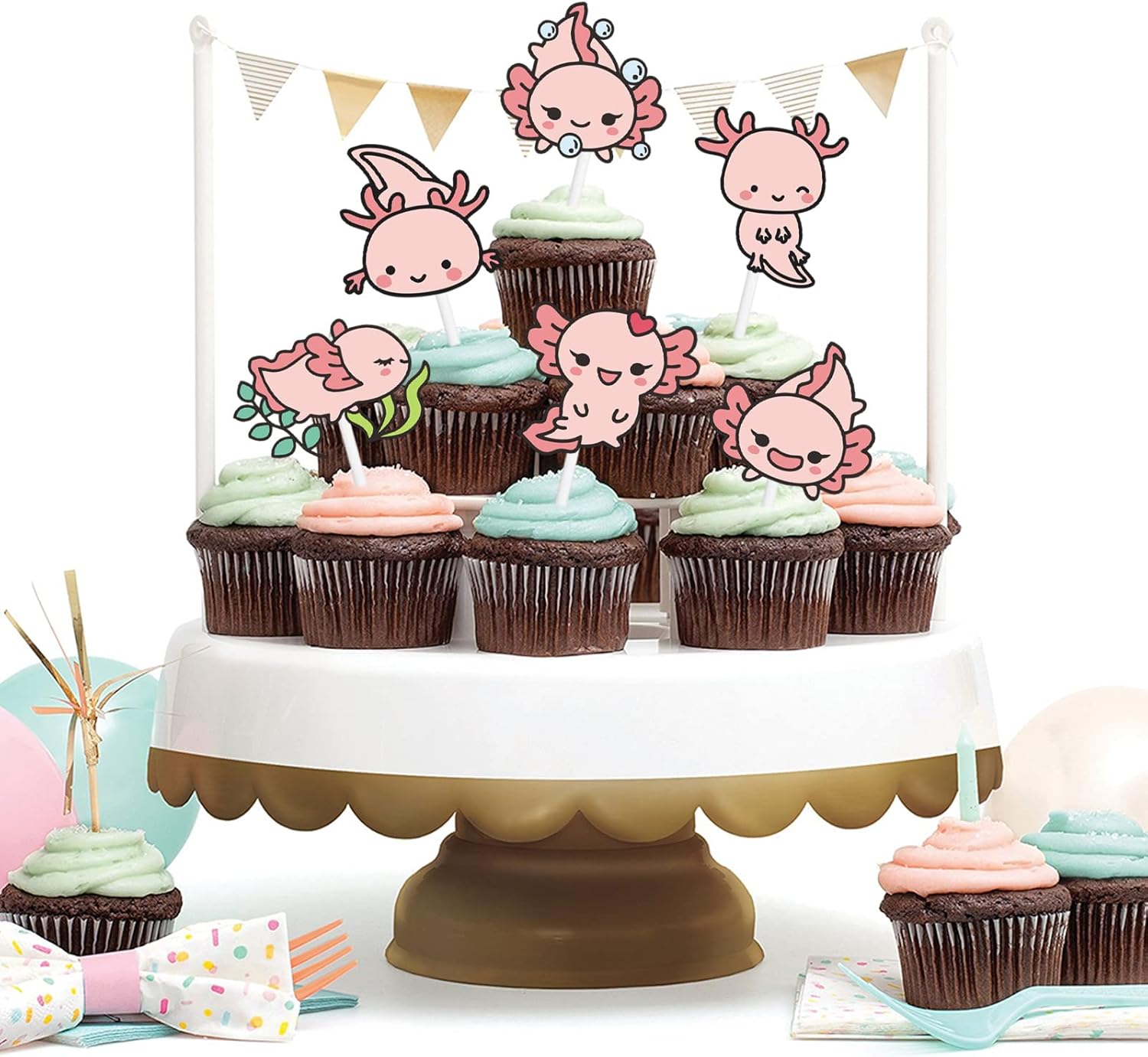 18 piezas de decoración de postre de ajolote rosa con purpurina, diseño de animales de dibujos animados, baby shower, niñas y niños, decoración de