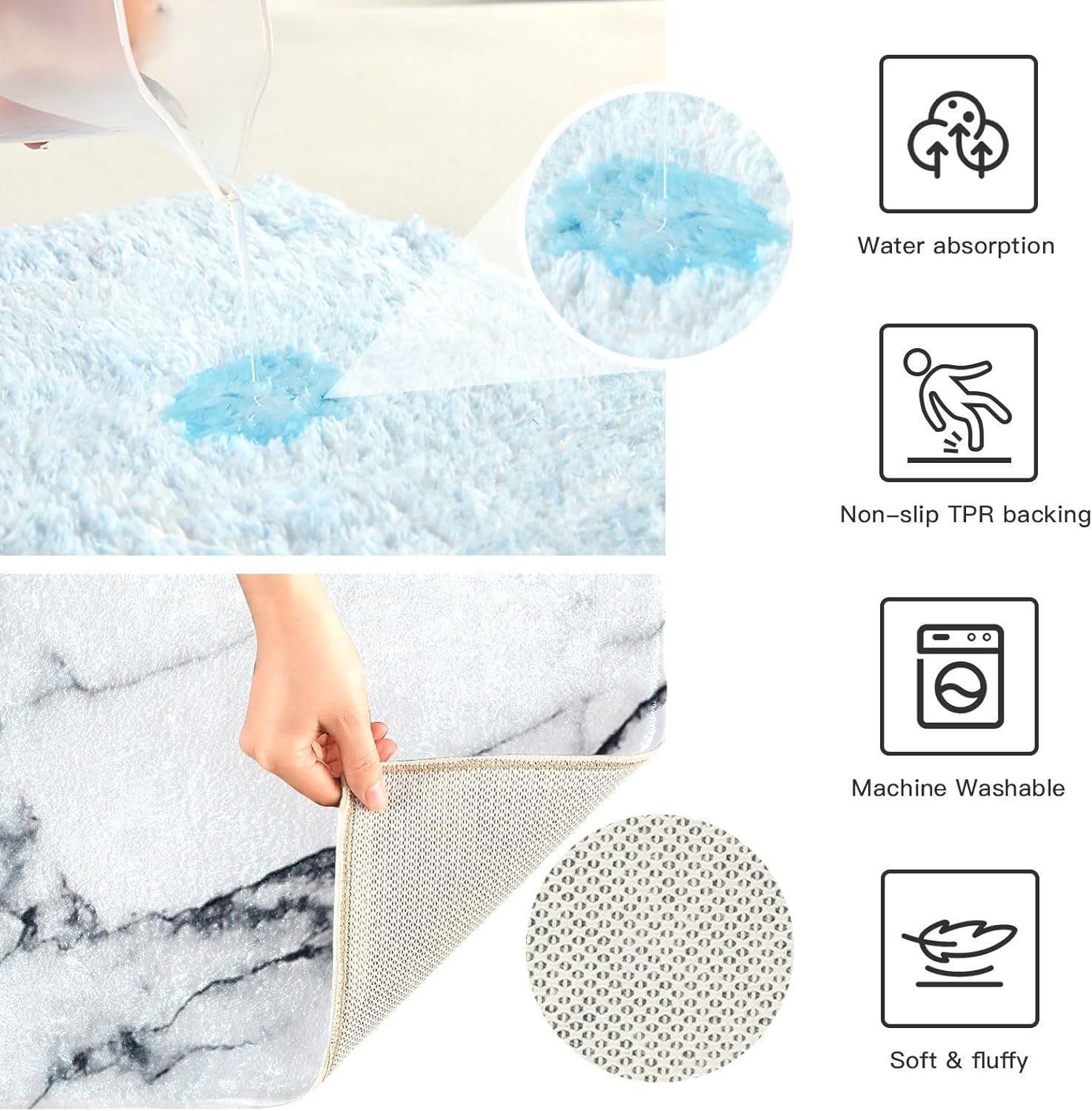 ALAZA Alfombra de baño con textura de mármol blanco en forma de U para baño, alfombra de contorno, esponjosa y absorbente, absorbente y lavable a