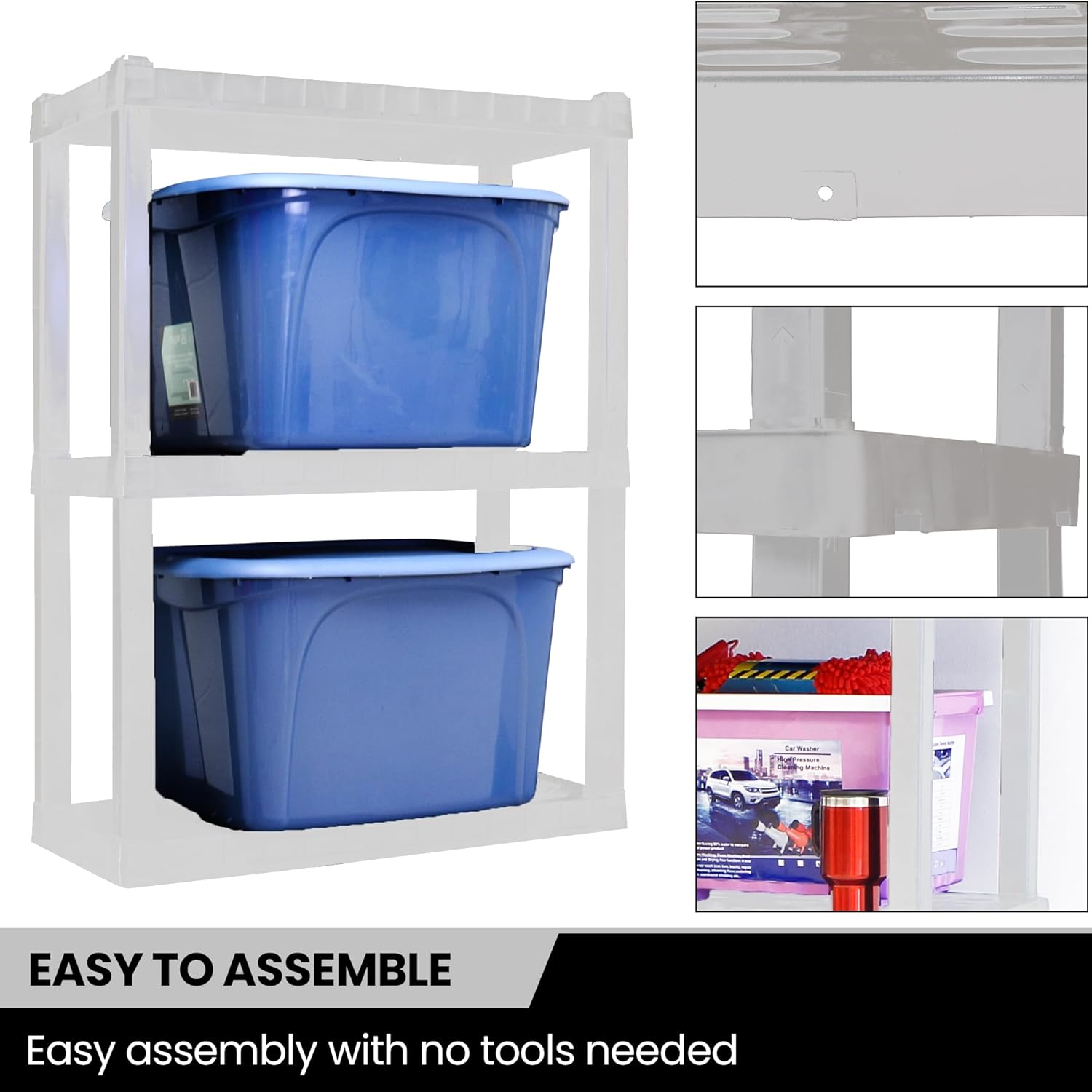 Koolatron Estante de plástico de 3 niveles, estantería de garaje, estante y estantes de almacenamiento, ideal para cobertizo de almacenamiento y