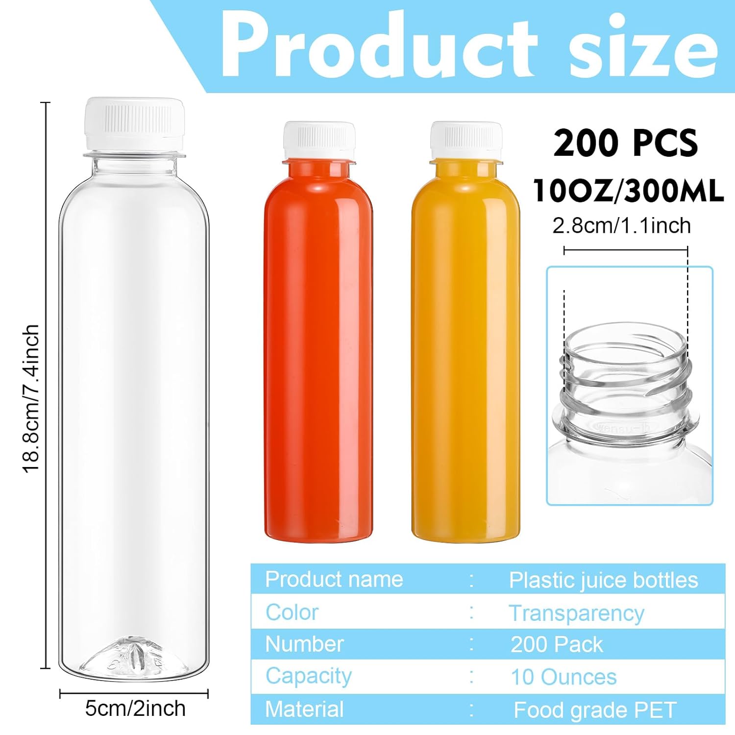 200 botellas de jugo para jugo, botellas de plástico para jugo con tapas, botellas transparentes a granel con tapas, botellas de PET vacías
