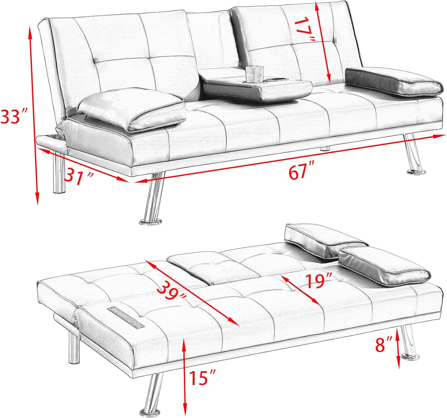 Sofá cama plegable doble multifuncional de 67 pulgadas con 2 portavasos, sofá biplaza de cuero con reposabrazos extraíbles, sofá cama plegable