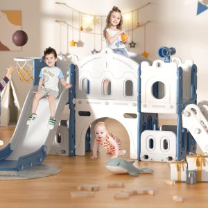 Glaf Juego de tobogán 8 en 1 para niños pequeños, tobogán escalador de tobogán para niños pequeños, para exteriores e interiores, con túnel de aro Glaf Juego de tobogán 8 en 1 para niños pequeños, tobogán escalador de tobogán para niños pequeños, para exteriores e interiores, con túnel de aro