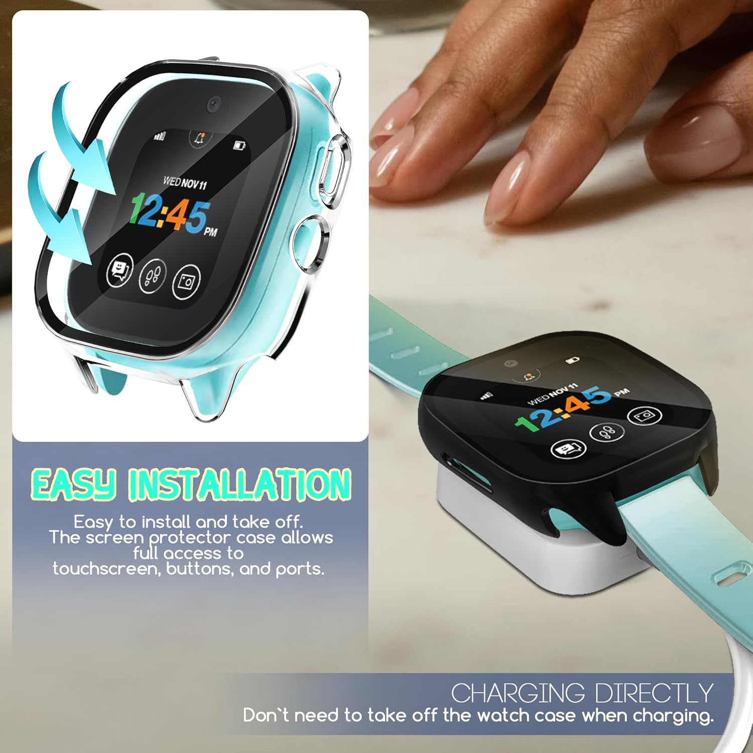 Seltureone – Juego de 2 fundas rígidas de policarbonato con protector de pantalla de vidrio templado compatible con Verizon Gizmo Watch 3, funda