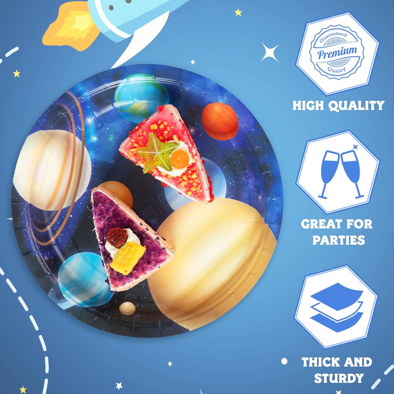 DECORLIFE Suministros para fiestas temáticas espaciales para 24 unidades, decoraciones de fiesta del espacio exterior para niños, platos de planeta,