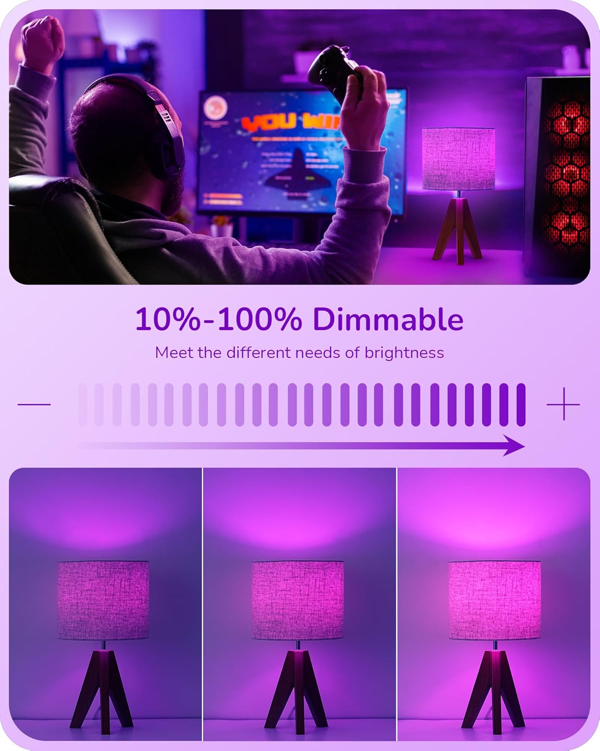 EDISHINE Paquete de 4 bombillas moradas, 8 W A19 regulables, bombilla LED púrpura para Halloween, Navidad, iluminación del hogar, decoración de bar