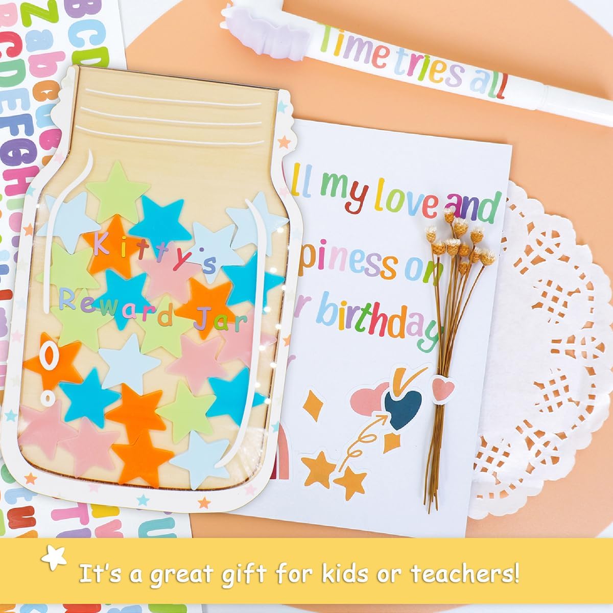 Tarro de recompensa de estrellas personalizado para niños, bricolaje, con calcomanías de letras coloridas, tarro de recompensa de entrenamiento para