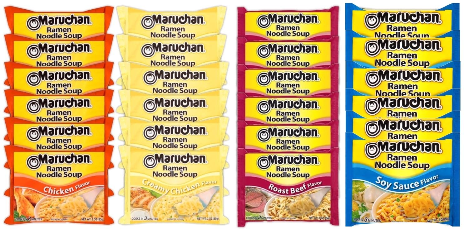 Maruchan Ramen – Mezcla variada de sopa de fideos instantáneos, 24 paquetes, 4 sabores  Paquete de 6 carne asada, 6 unidades de carne de res, 6
